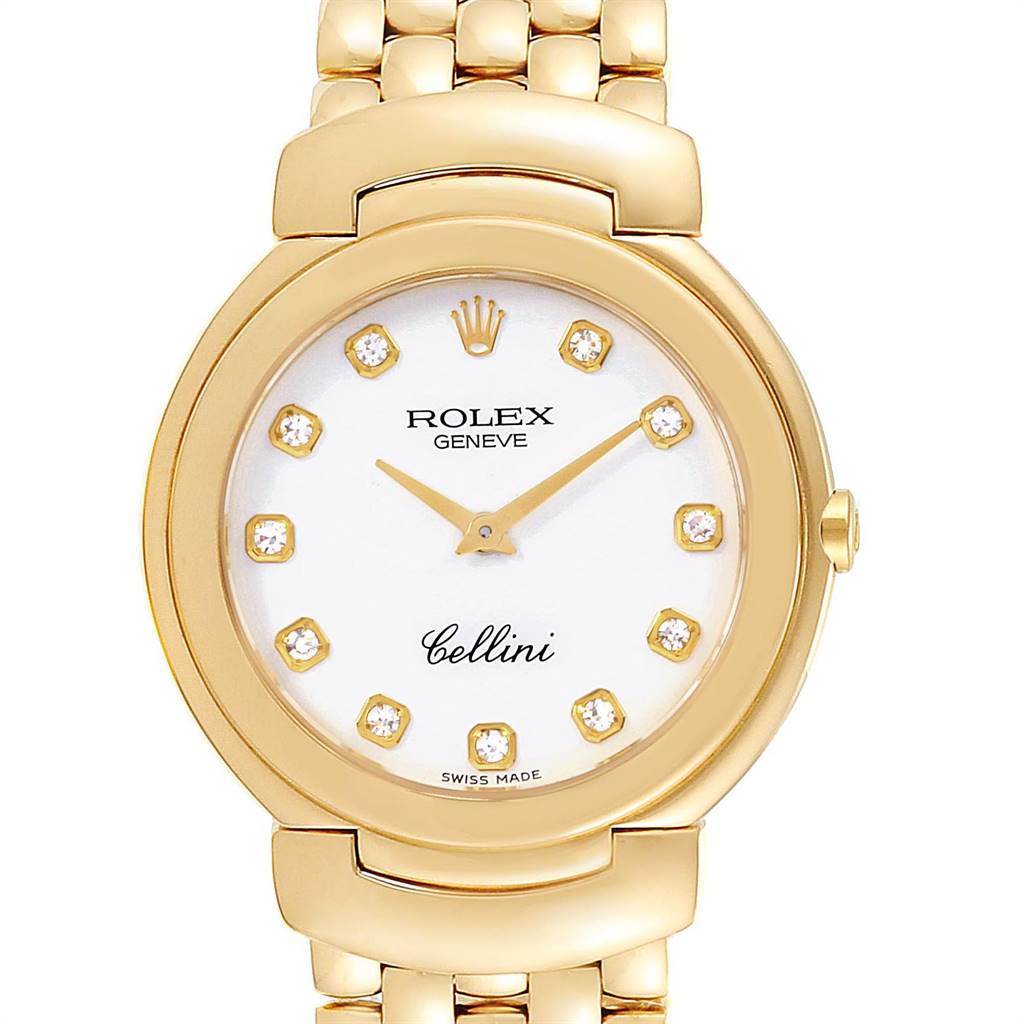 The image shows a frontal view of a Rolex Cellini 6622 Women
s Yellow Gold White Dial 6622 Women
s Yellow Gold White Dial watch, featuring a gold case, diamond hour markers, and a gold bracelet.