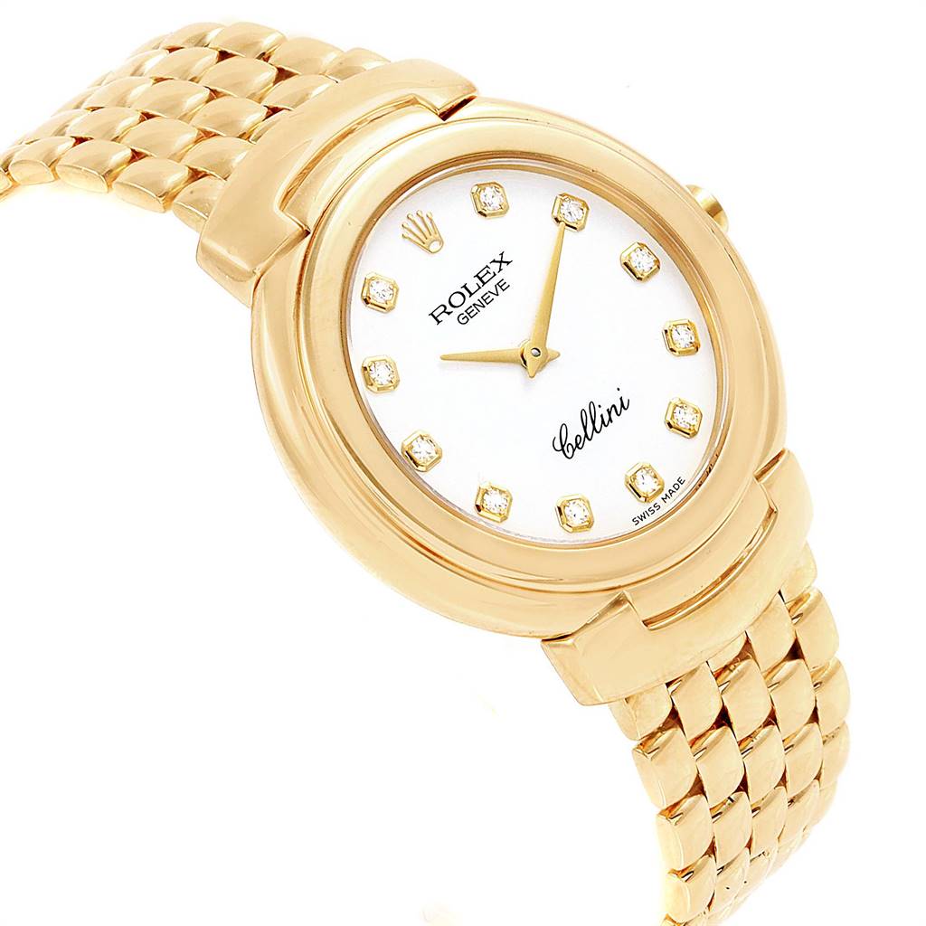 The image shows a Rolex Cellini 6622 Women
s Yellow Gold White Dial 6622 Women
s Yellow Gold White Dial watch from an angled view, highlighting the dial, bezel, and bracelet.