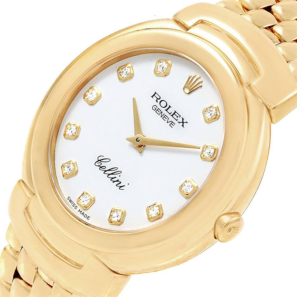 The Rolex Cellini 6622 Women
s Yellow Gold White Dial 6622 Women
s Yellow Gold White Dial watch is shown at an angle highlighting the face, bezel, crown, and bracelet with diamond hour markers.