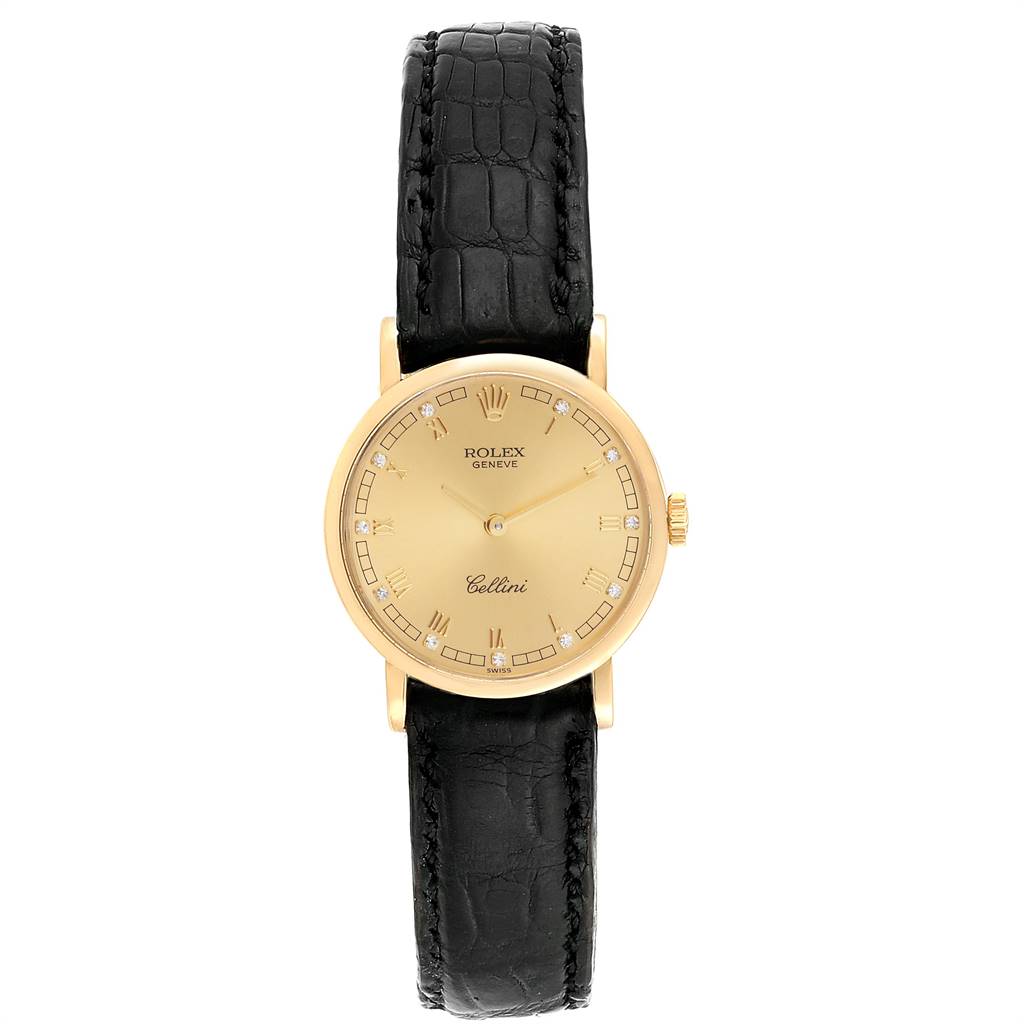 The image shows a front view of a Rolex Cellini 5109 Women's Yellow Gold Champagne Dial 5109 Women's Yellow Gold Champagne Dial watch with a gold case and black leather strap.