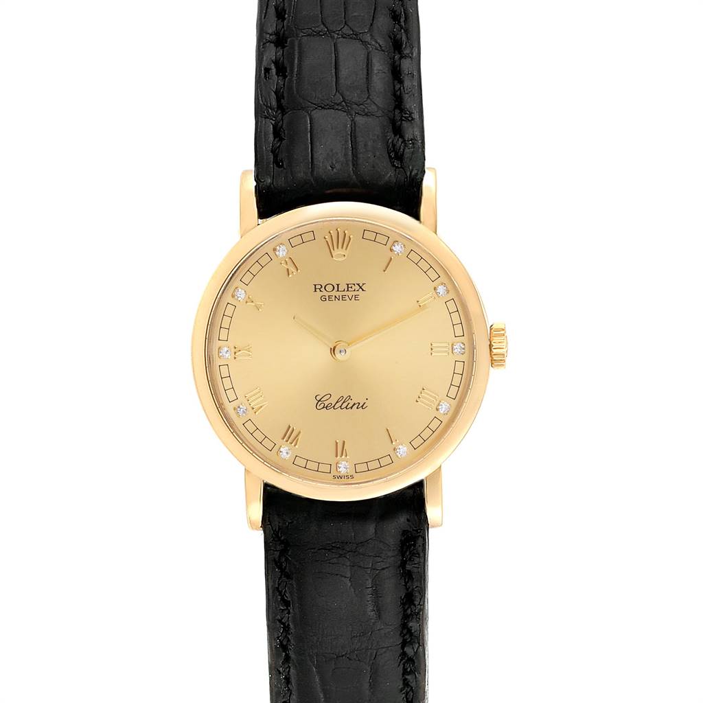 The image shows a front view of the Rolex Cellini 5109 Women's Yellow Gold Champagne Dial 5109 Women's Yellow Gold Champagne Dial watch, displaying its dial, case, and black leather strap.