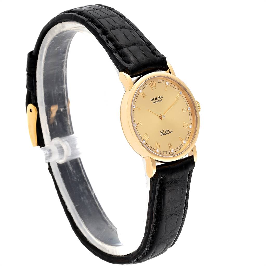 The image shows a side angle of the Rolex Cellini 5109 Women's Yellow Gold Champagne Dial 5109 Women's Yellow Gold Champagne Dial watch, highlighting its black leather strap and gold case.