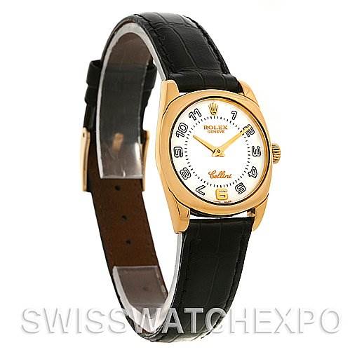 The image shows a Rolex Cellini 6229 Women's Yellow Gold White Dial 6229 Women's Yellow Gold White Dial watch at a slight angle, highlighting the dial, bezel, and leather strap.