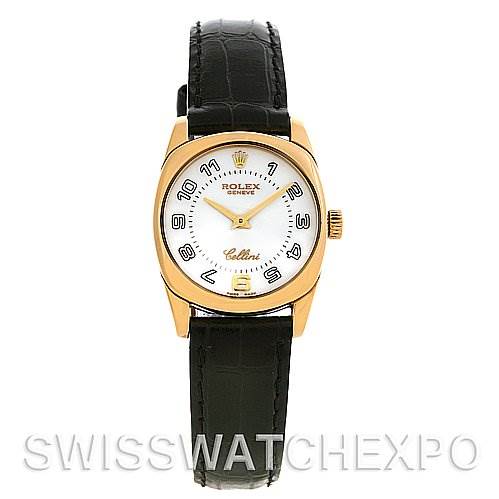 The image shows a front view of a Rolex Cellini 6229 Women's Yellow Gold White Dial 6229 Women's Yellow Gold White Dial watch with a black strap, gold case, and white dial.