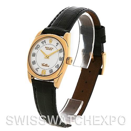 This image displays a Rolex Cellini 6229 Women's Yellow Gold White Dial 6229 Women's Yellow Gold White Dial watch at a left-side angle, showcasing its gold case, white dial, black leather strap, and gold buckle.