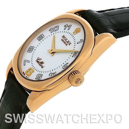 The image shows a side and slightly angled view of a Rolex Cellini 6229 Women's Yellow Gold White Dial 6229 Women's Yellow Gold White Dial watch, highlighting its case, crown, and leather strap.