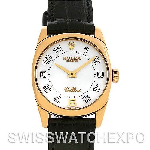 This image shows a front view of a Rolex Cellini 6229 Women's Yellow Gold White Dial 6229 Women's Yellow Gold White Dial watch, featuring the watch face, strap, and crown.