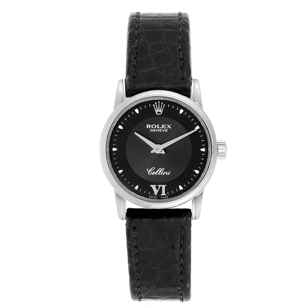 The Rolex Cellini 6111 Women's White Gold Black Dial 6111 Women's White Gold Black Dial watch is shown from a top-down angle, displaying its face, dial, case, crown, and leather strap.