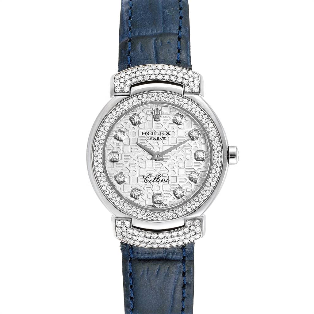 The image shows a front view of a Rolex Cellini 6673 Women
s White Gold Silver Dial 6673 Women
s White Gold Silver Dial watch, displaying its face, bezel, and leather strap.