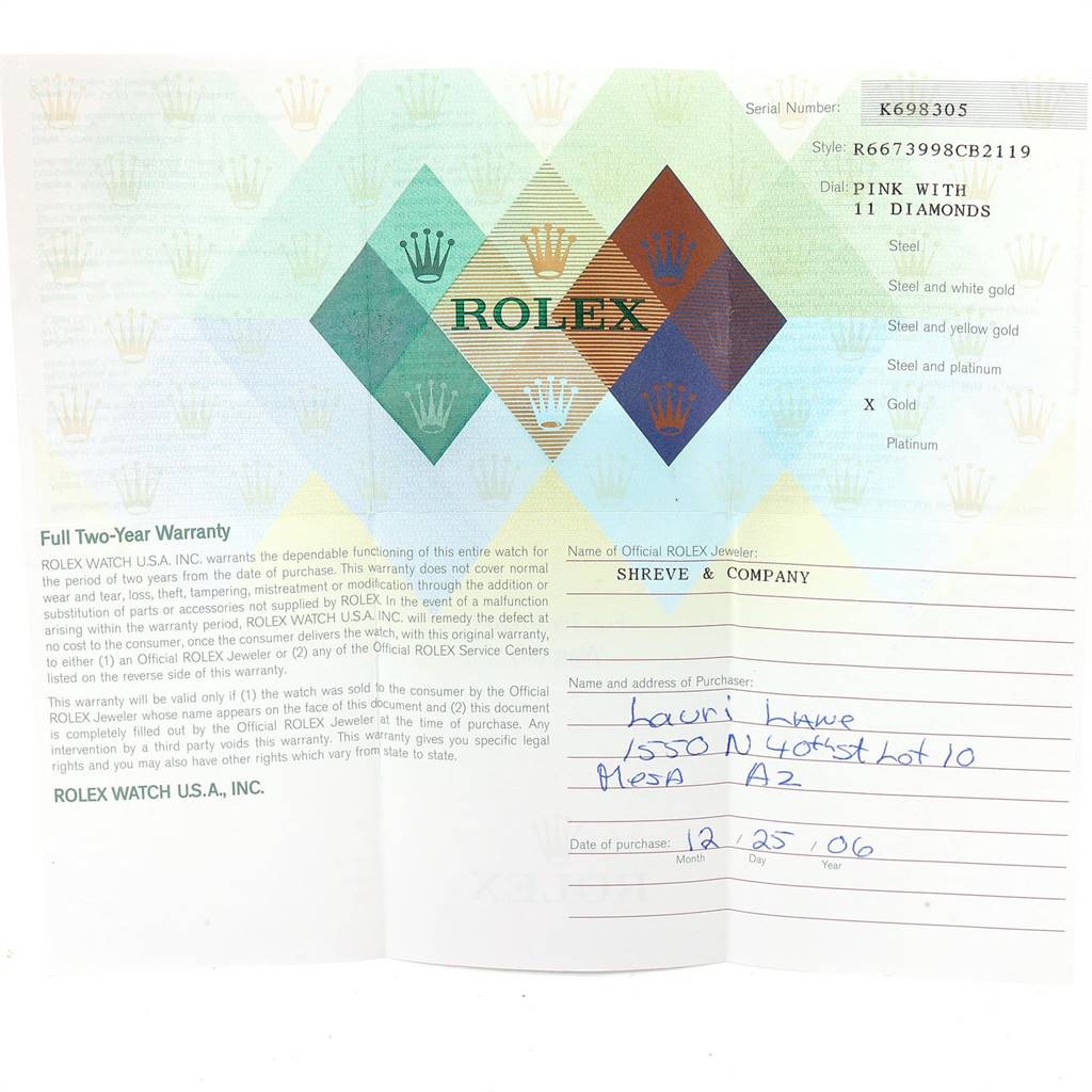 The image shows the warranty card and certificate of the Rolex Cellini 6673 Women's White Gold Pink Dial 6673 Women's White Gold Pink Dial watch model, displaying the serial number and purchase details.