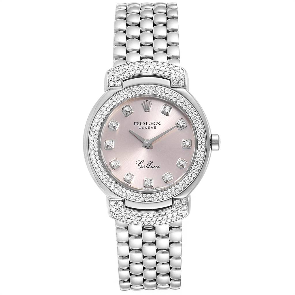 The image shows a front view of a Rolex Cellini 6673 Women's White Gold Pink Dial 6673 Women's White Gold Pink Dial watch, highlighting its dial, bezel, crystal, and bracelet.