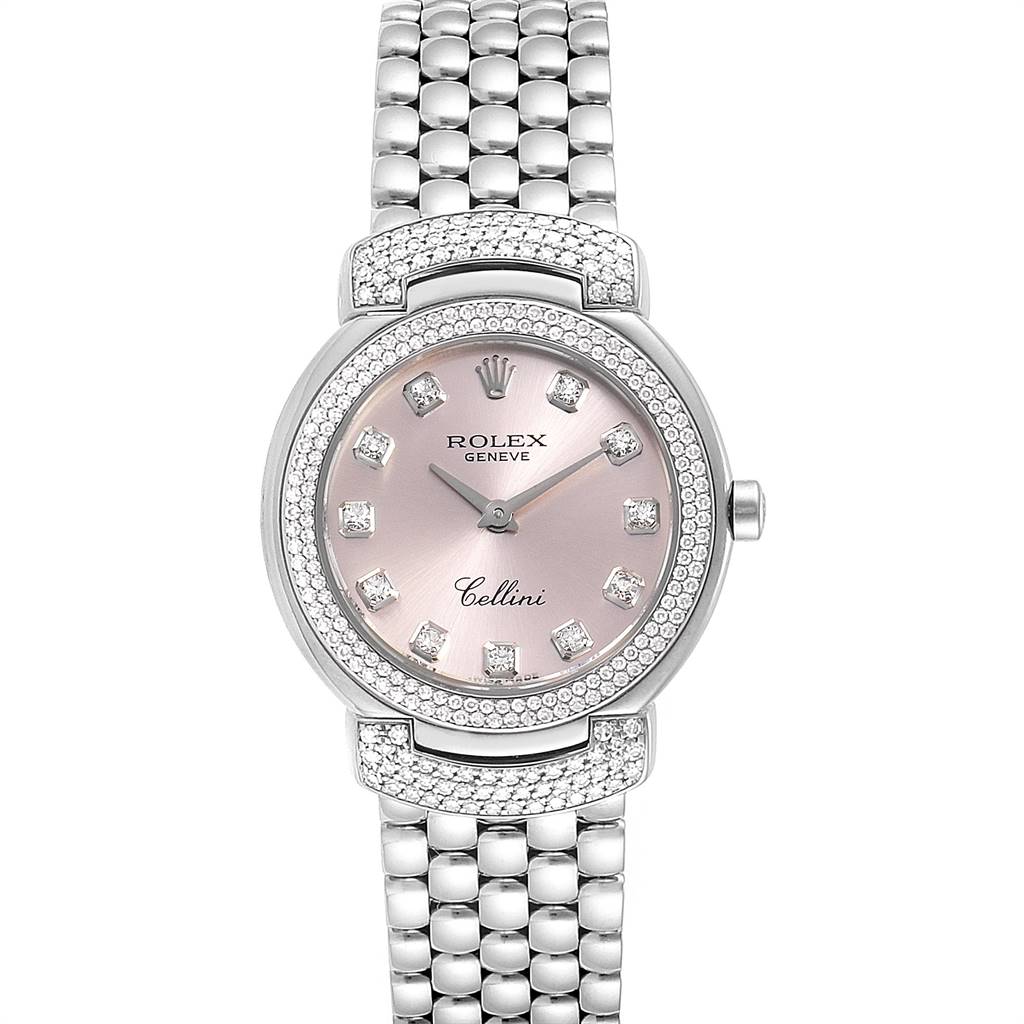 This Rolex Cellini 6673 Women's White Gold Pink Dial 6673 Women's White Gold Pink Dial model is shown from a top-down angle, displaying the dial, bezel, and part of the bracelet.