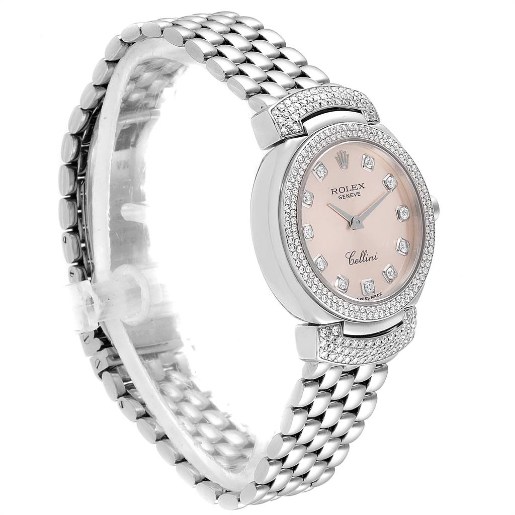 The Rolex Cellini 6673 Women's White Gold Pink Dial 6673 Women's White Gold Pink Dial watch is shown at a three-quarter angle, displaying the face, bezel, case, and bracelet.