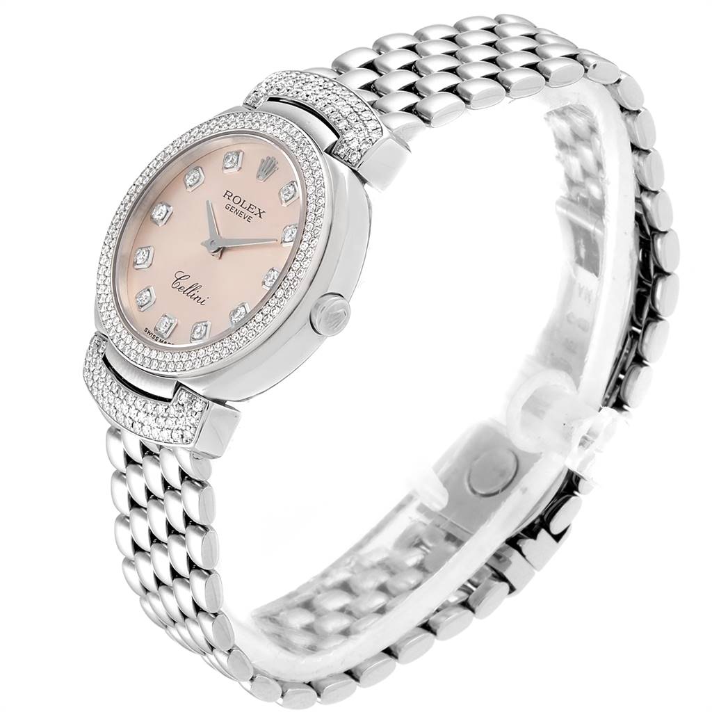 This image shows a Rolex Cellini 6673 Women's White Gold Pink Dial 6673 Women's White Gold Pink Dial watch at a slightly tilted side view, highlighting the dial, bezel, and bracelet.
