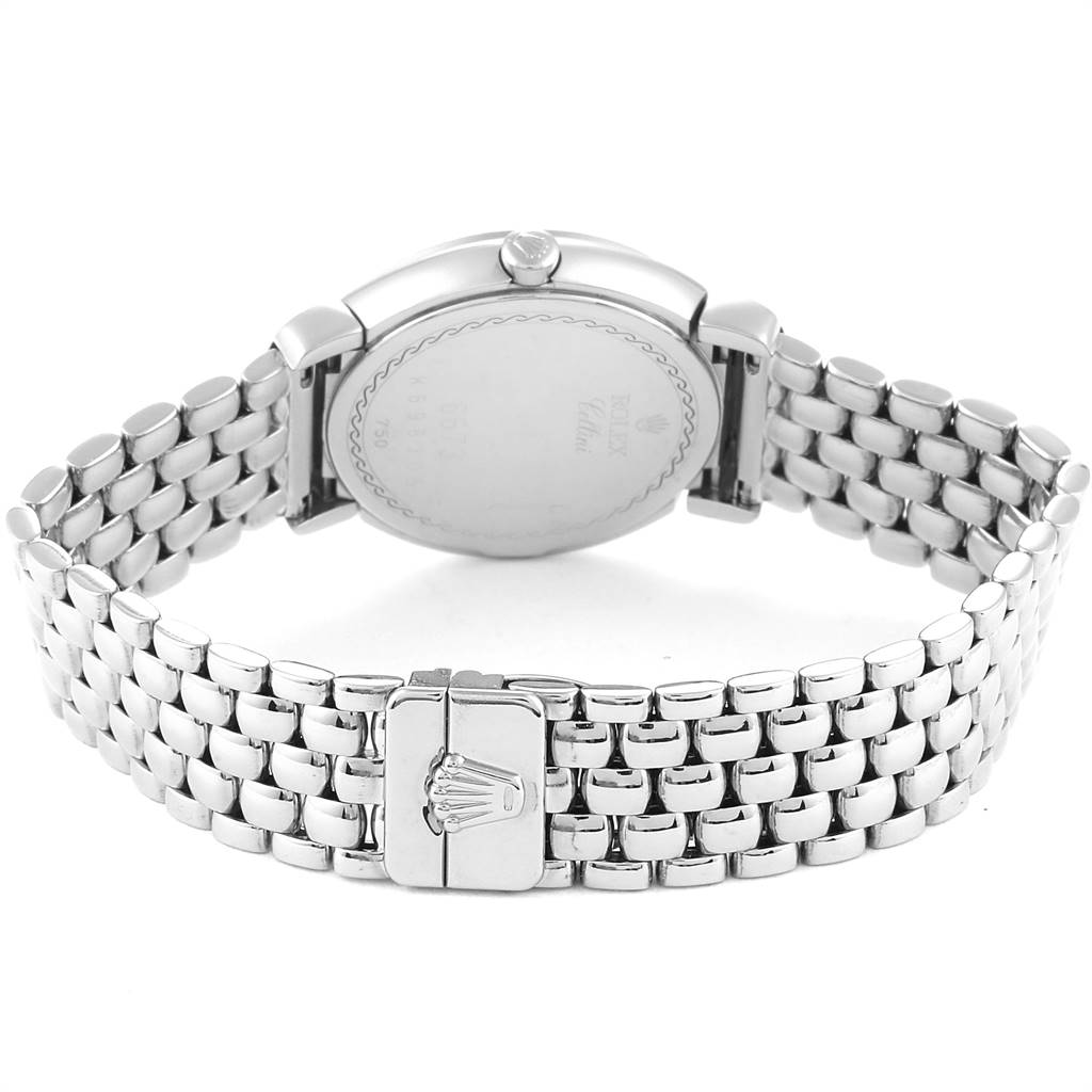 The image shows the back view of a Rolex Cellini 6673 Women's White Gold Pink Dial 6673 Women's White Gold Pink Dial watch, highlighting its clasp and bracelet.