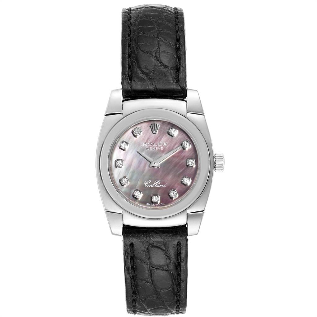 The image shows a front view of the Rolex Cellini 5310 Women
s White Gold Mother of Pearl Dial 5310 Women
s White Gold Mother of Pearl Dial watch, displaying its face, case, crown, and leather strap.