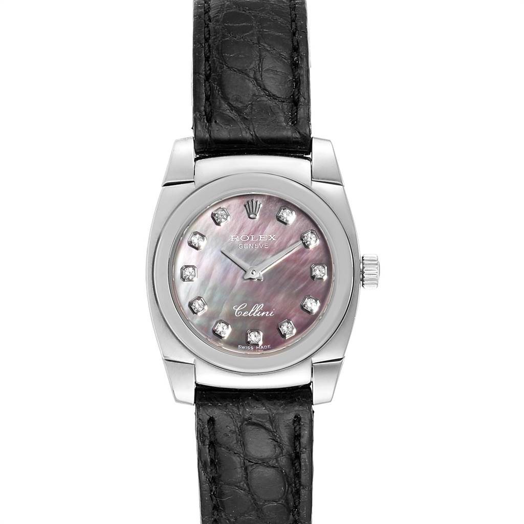 This image shows a frontal view of a Rolex Cellini 5310 Women
s White Gold Mother of Pearl Dial 5310 Women
s White Gold Mother of Pearl Dial model watch, highlighting the dial and leather strap.