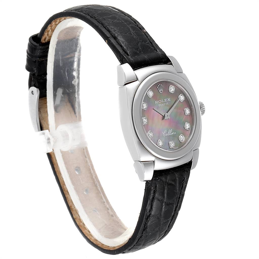 The Rolex Cellini 5310 Women
s White Gold Mother of Pearl Dial 5310 Women
s White Gold Mother of Pearl Dial watch is shown at a slight angle from the front, highlighting the face, bezel, and black leather strap.