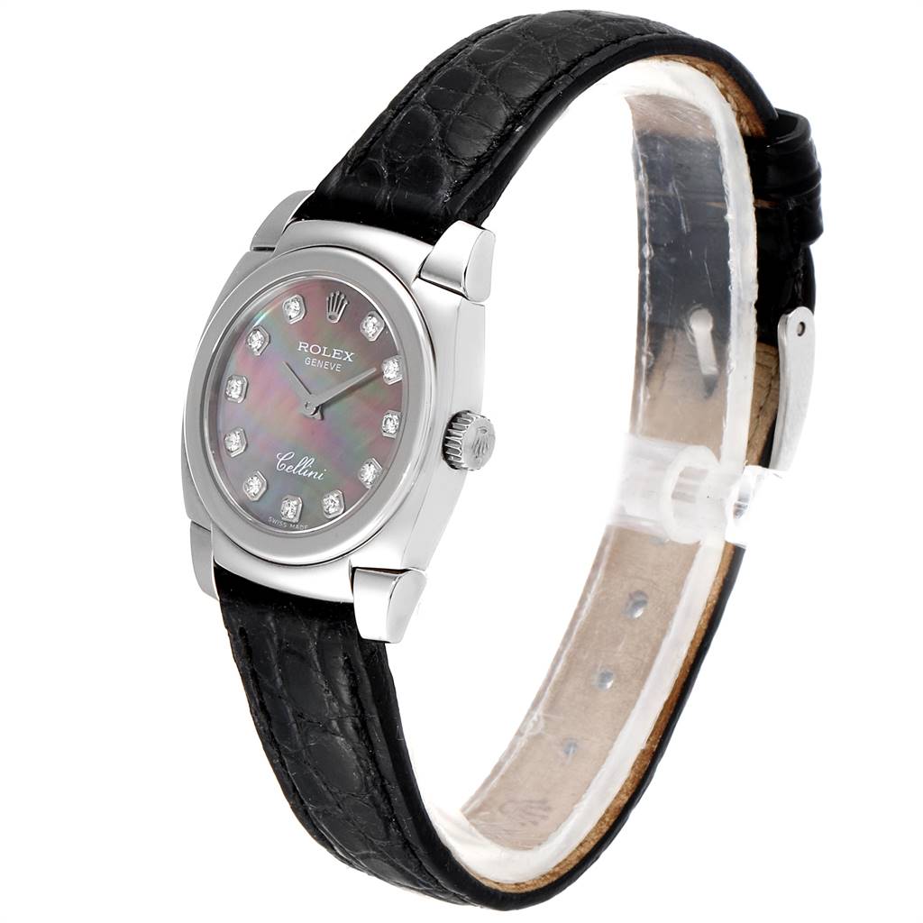 The image shows a Rolex Cellini 5310 Women
s White Gold Mother of Pearl Dial 5310 Women
s White Gold Mother of Pearl Dial watch at a slight angle, highlighting its black strap, dial, case, and crown.