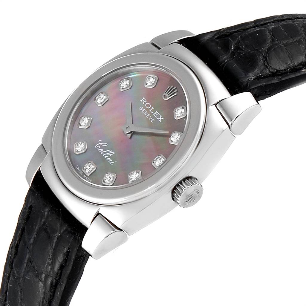The Rolex Cellini 5310 Women
s White Gold Mother of Pearl Dial 5310 Women
s White Gold Mother of Pearl Dial watch is shown at an oblique angle, displaying the dial, crown, and part of the black leather strap.