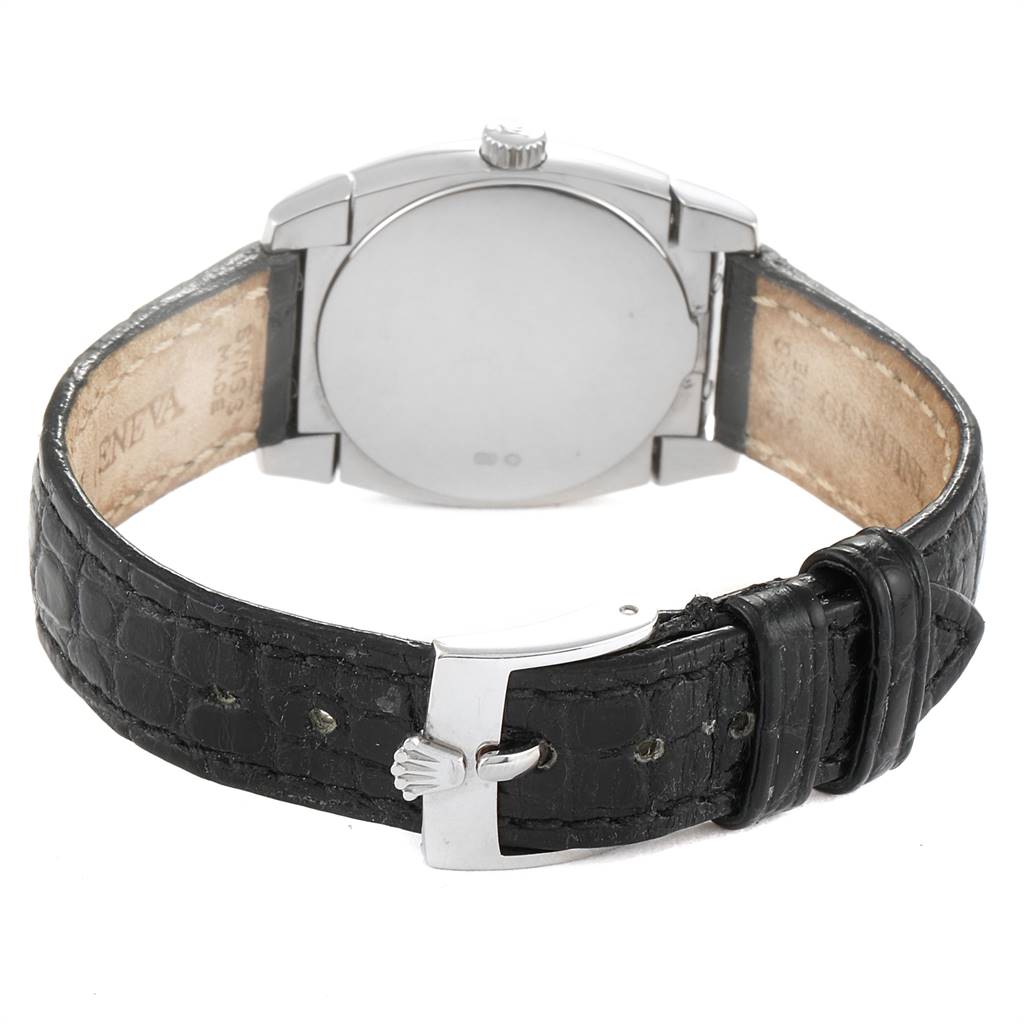 This image shows the back view of the Rolex Cellini 5310 Women
s White Gold Mother of Pearl Dial 5310 Women
s White Gold Mother of Pearl Dial watch, highlighting its case, crown, and black leather strap with buckle.