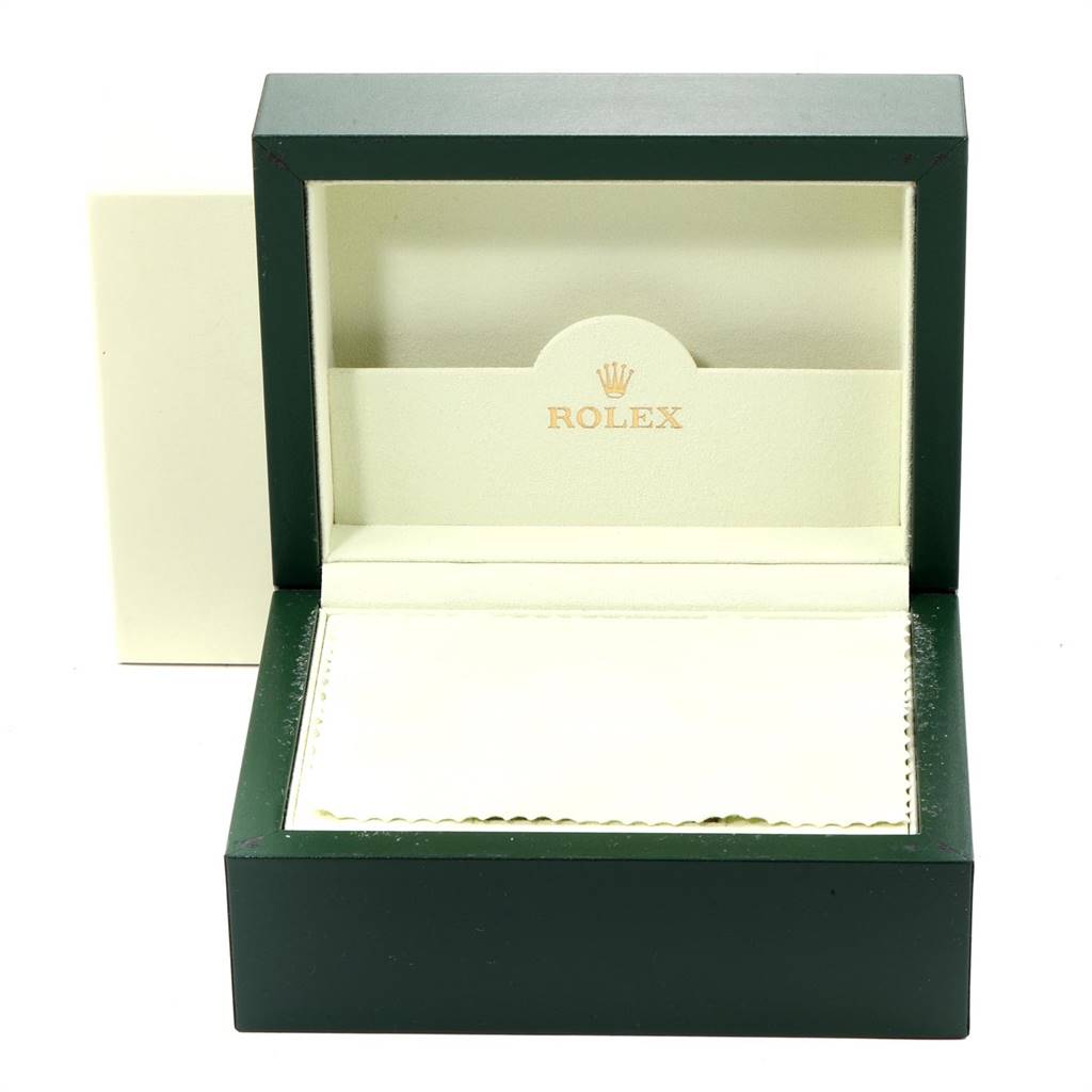 The image shows an open Rolex Cellini 6321 Women's White Gold Mother of Pearl Dial 6321 Women's White Gold Mother of Pearl Dial watch box with green exterior, beige interior, and Rolex branding inside.