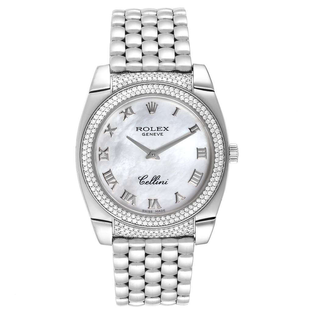 The image shows a frontal view of a Rolex Cellini 6321 Women's White Gold Mother of Pearl Dial 6321 Women's White Gold Mother of Pearl Dial watch, displaying its face, band, and bezel with Roman numeral markers.