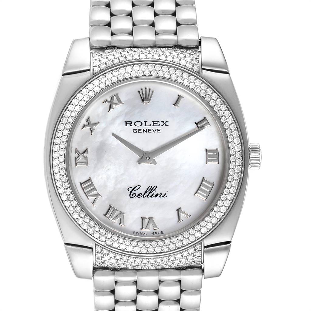 This image shows a frontal view of a Rolex Cellini 6321 Women's White Gold Mother of Pearl Dial 6321 Women's White Gold Mother of Pearl Dial watch, highlighting the dial, bezel, and part of the bracelet.