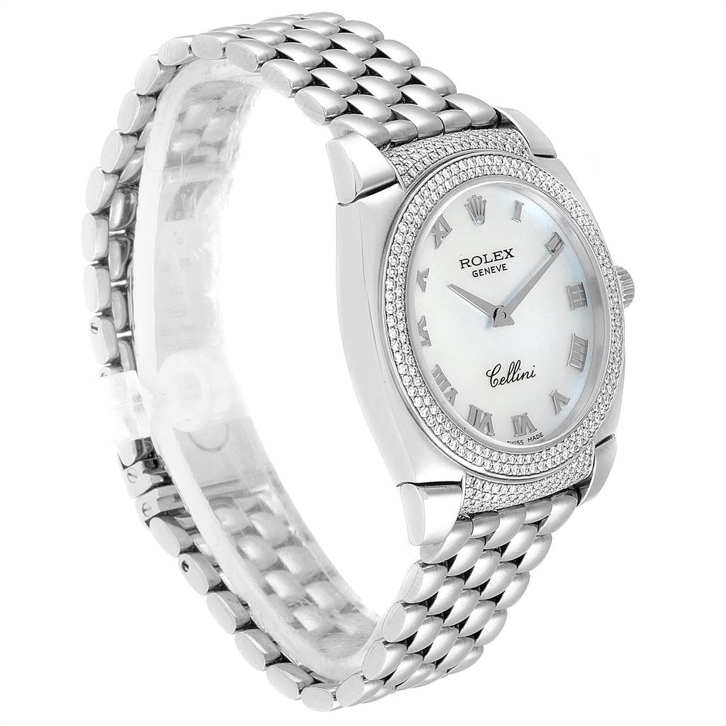 The Rolex Cellini 6321 Women's White Gold Mother of Pearl Dial 6321 Women's White Gold Mother of Pearl Dial watch is shown at an angle displaying the face, bezel, and bracelet.