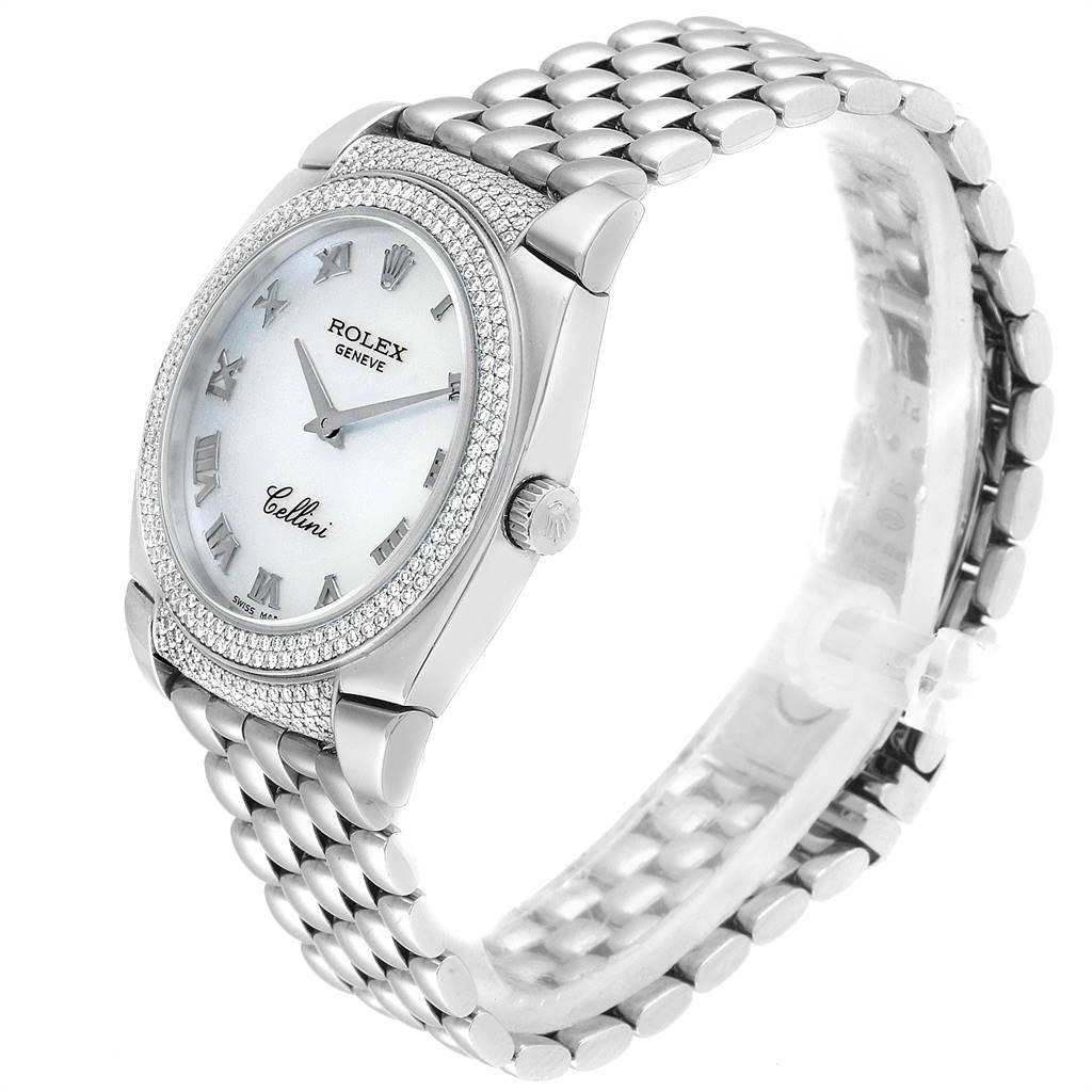 The Rolex Cellini 6321 Women's White Gold Mother of Pearl Dial 6321 Women's White Gold Mother of Pearl Dial watch is shown at a three-quarter angle, displaying its face, bezel, crown, and bracelet.