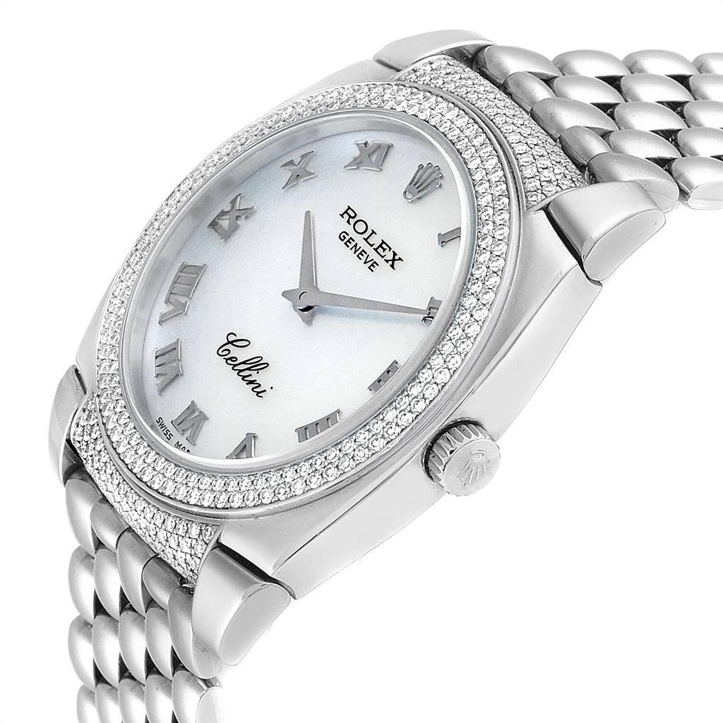 The image shows a close-up, angled view of the Rolex Cellini 6321 Women's White Gold Mother of Pearl Dial 6321 Women's White Gold Mother of Pearl Dial watch, highlighting the face, bezel with diamonds, and part of the strap.
