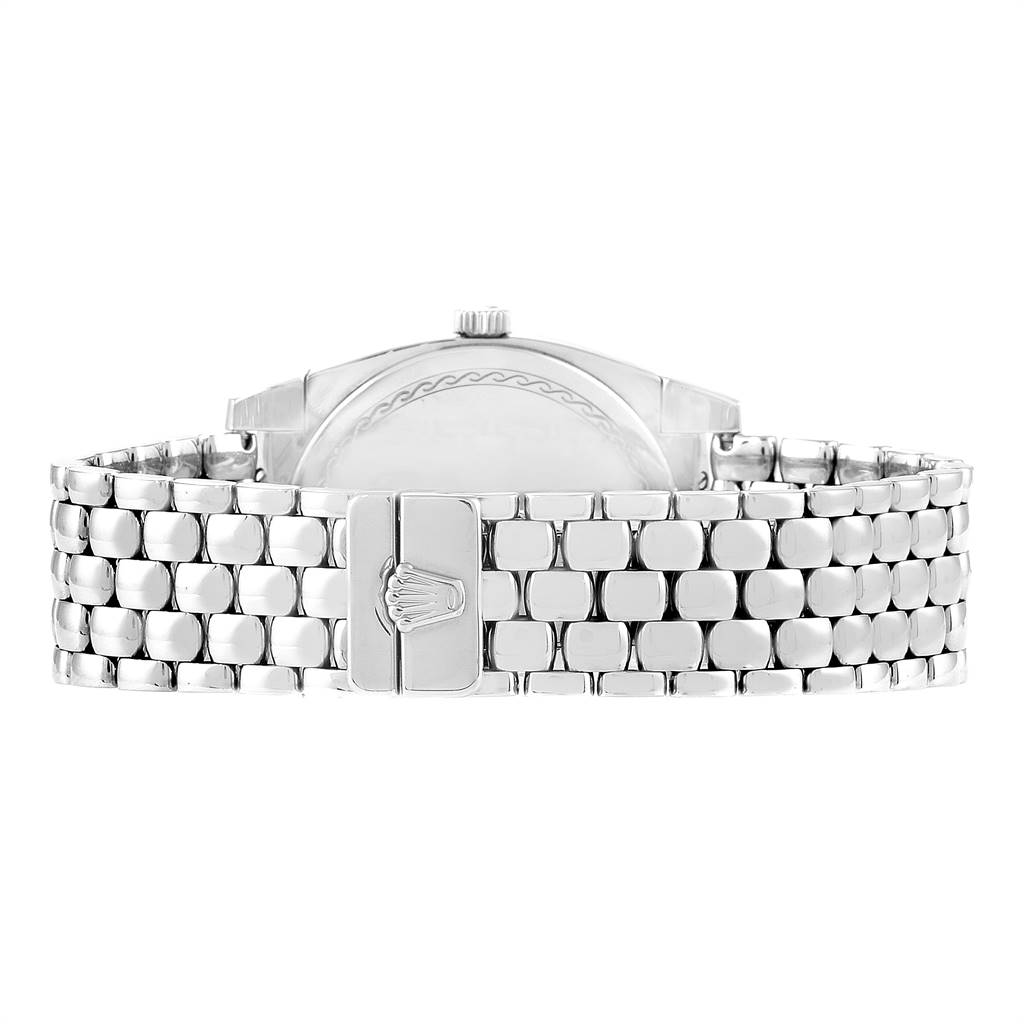 The image shows the back view of a Rolex Cellini 6321 Women's White Gold Mother of Pearl Dial 6321 Women's White Gold Mother of Pearl Dial watch, highlighting its bracelet and clasp.