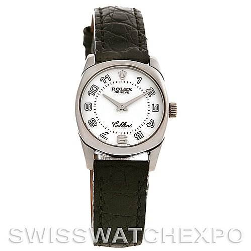 The image shows a front view of the Rolex Cellini 6229 Women's White Gold White Dial 6229 Women's White Gold White Dial watch, highlighting its dial, casing, and leather strap.