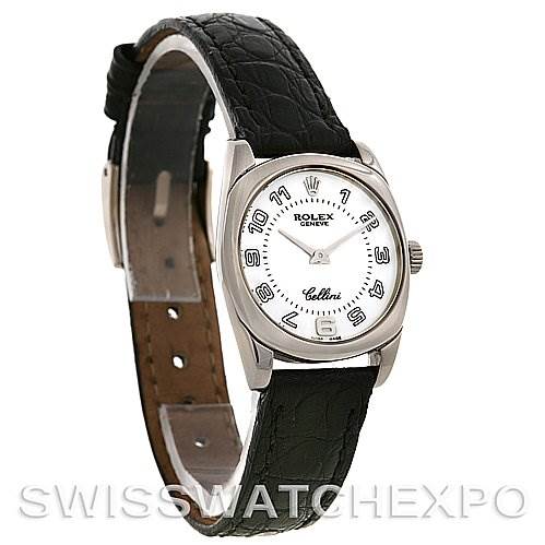 The image shows a Rolex Cellini 6229 Women's White Gold White Dial 6229 Women's White Gold White Dial watch at a slightly angled view, highlighting the dial, casing, and leather strap.