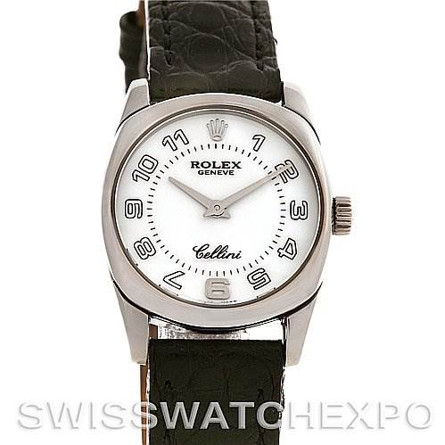 The image shows a front view of a Rolex Cellini 6229 Women's White Gold White Dial 6229 Women's White Gold White Dial watch, displaying the dial, case, bezel, crown, and leather strap.