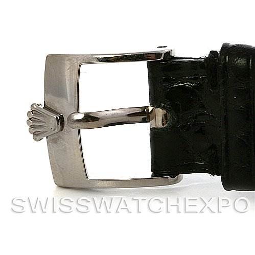 The image shows a close-up of the buckle and leather strap of a Rolex Cellini 6229 Women's White Gold White Dial 6229 Women's White Gold White Dial watch, viewed from the side.