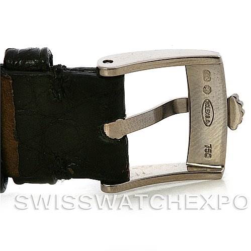 This image shows the buckle and leather strap of a Rolex Cellini 6229 Women's White Gold White Dial 6229 Women's White Gold White Dial watch from a side angle.
