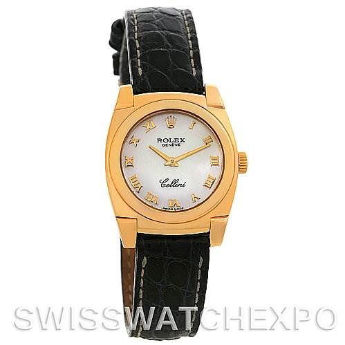 The image shows a front view of a Rolex Cellini 5310 Women's Yellow Gold Mother of Pearl Dial 5310 Women's Yellow Gold Mother of Pearl Dial watch, featuring a gold case, white dial, and black leather strap.