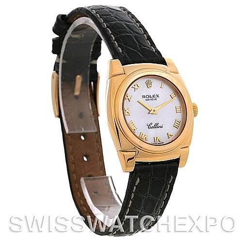 The image shows a Rolex Cellini 5310 Women's Yellow Gold Mother of Pearl Dial 5310 Women's Yellow Gold Mother of Pearl Dial watch angled to display the face, bezel, and leather strap.