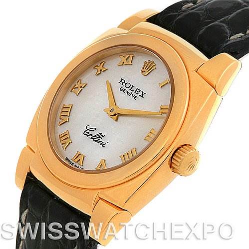 This Rolex Cellini 5310 Women's Yellow Gold Mother of Pearl Dial 5310 Women's Yellow Gold Mother of Pearl Dial watch is shown at a three-quarter angle, highlighting the case, dial, crown, and strap.