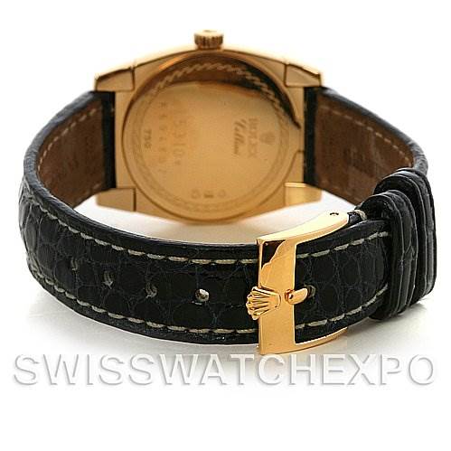 The image shows the back view of the Rolex Cellini 5310 Women's Yellow Gold Mother of Pearl Dial 5310 Women's Yellow Gold Mother of Pearl Dial watch, highlighting the caseback and black leather strap with a gold buckle.