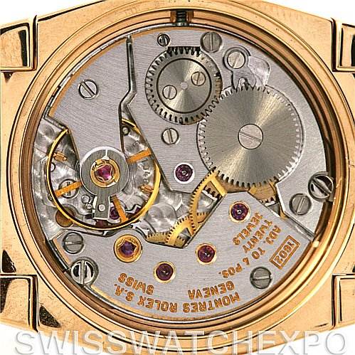 This is a Rolex Cellini 5310 Women's Yellow Gold Mother of Pearl Dial 5310 Women's Yellow Gold Mother of Pearl Dial model watch shown from the back, highlighting its inner mechanical movements and parts.