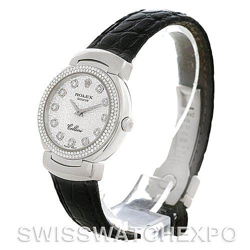 This image shows a side view of a Rolex Cellini 6671/9 Women's White Gold Silver Dial 6671/9 Women's White Gold Silver Dial watch, highlighting the face, bezel, and leather strap.