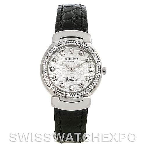 This image shows a front view of a Rolex Cellini 6671/9 Women's White Gold Silver Dial 6671/9 Women's White Gold Silver Dial watch, displaying its dial, bezel, and black leather strap.