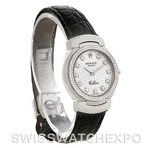 The image shows a Rolex Cellini 6671/9 Women's White Gold Silver Dial 6671/9 Women's White Gold Silver Dial watch at a slight angle, highlighting the face, bezel, and black leather strap.