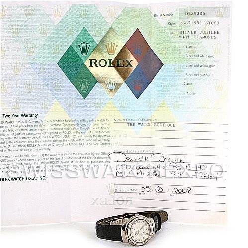 The image shows a Rolex Cellini 6671/9 Women's White Gold Silver Dial 6671/9 Women's White Gold Silver Dial watch with a leather strap, positioned in front of a warranty certificate.