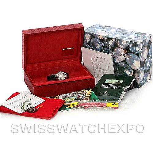 The image shows a Rolex Cellini 6671/9 Women's White Gold Silver Dial 6671/9 Women's White Gold Silver Dial watch with its red box, outer box, manuals, tags, and certificates displayed from a front angle.