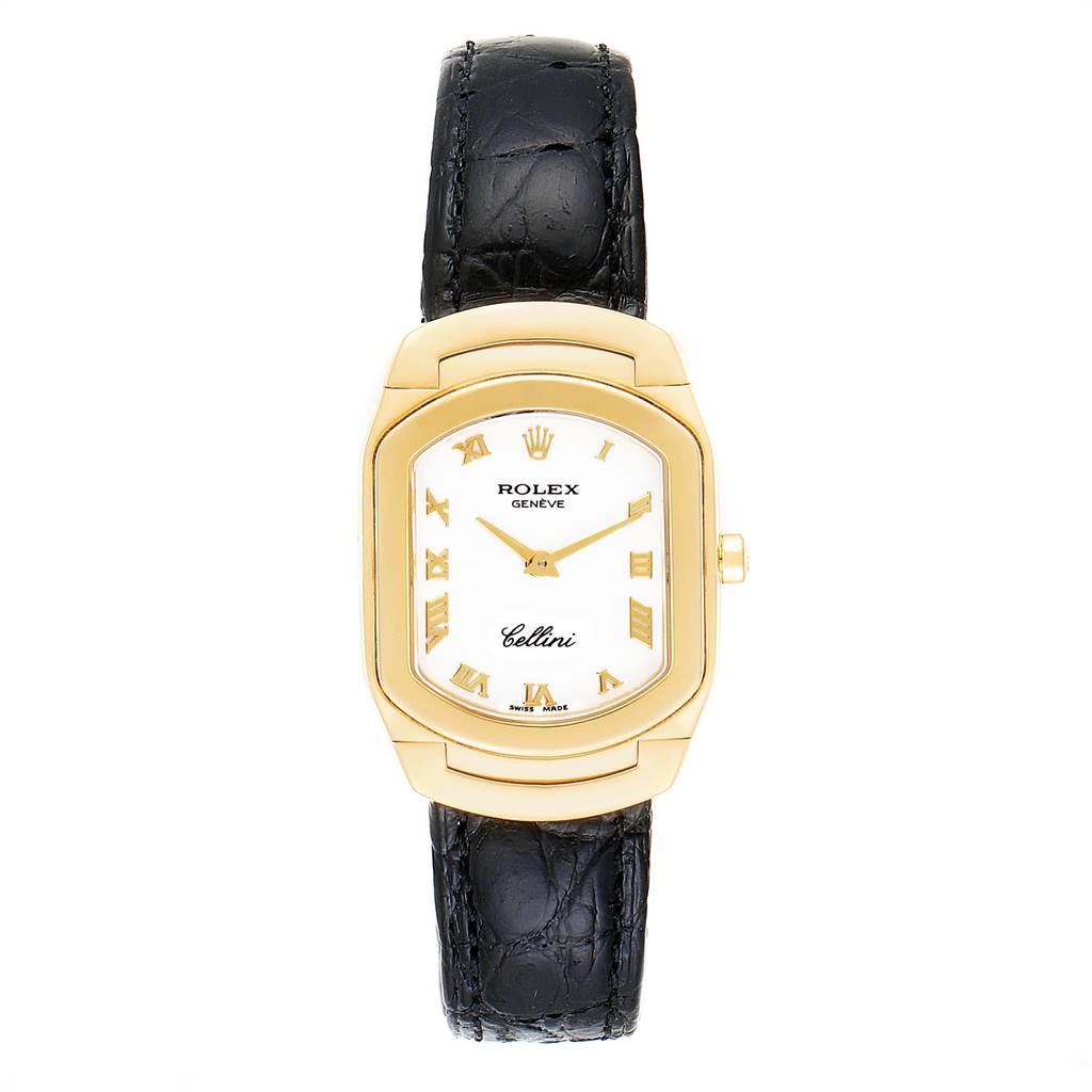 The image shows a top-down view of a Rolex Cellini 6691 Women's Yellow Gold White Dial 6691 Women's Yellow Gold White Dial watch, highlighting its gold case, white dial with Roman numerals, and black leather strap.
