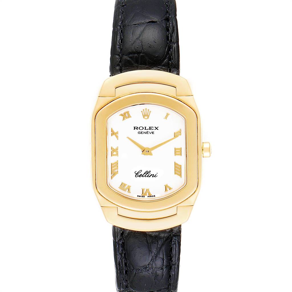 This image shows a frontal view of the Rolex Cellini 6691 Women's Yellow Gold White Dial 6691 Women's Yellow Gold White Dial watch, highlighting its face, hands, and black leather strap.
