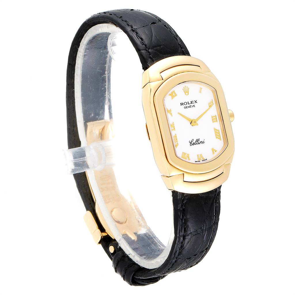 This image shows a side and front angle of a Rolex Cellini 6691 Women's Yellow Gold White Dial 6691 Women's Yellow Gold White Dial watch with a black leather strap and gold case.